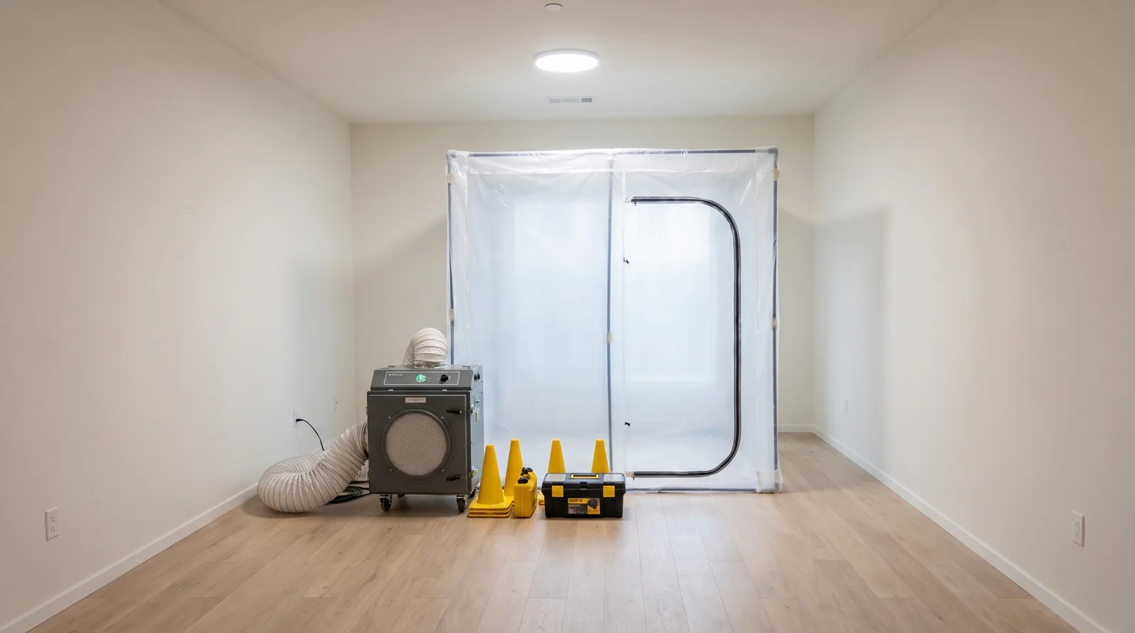 Professional air scrubber and containment barrier set up in an empty residential room