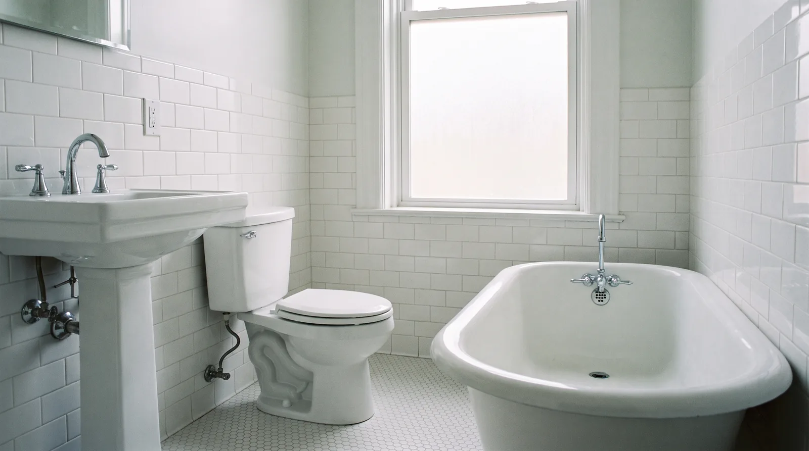 Small clean residential bathroom with white tile and clean fixtures