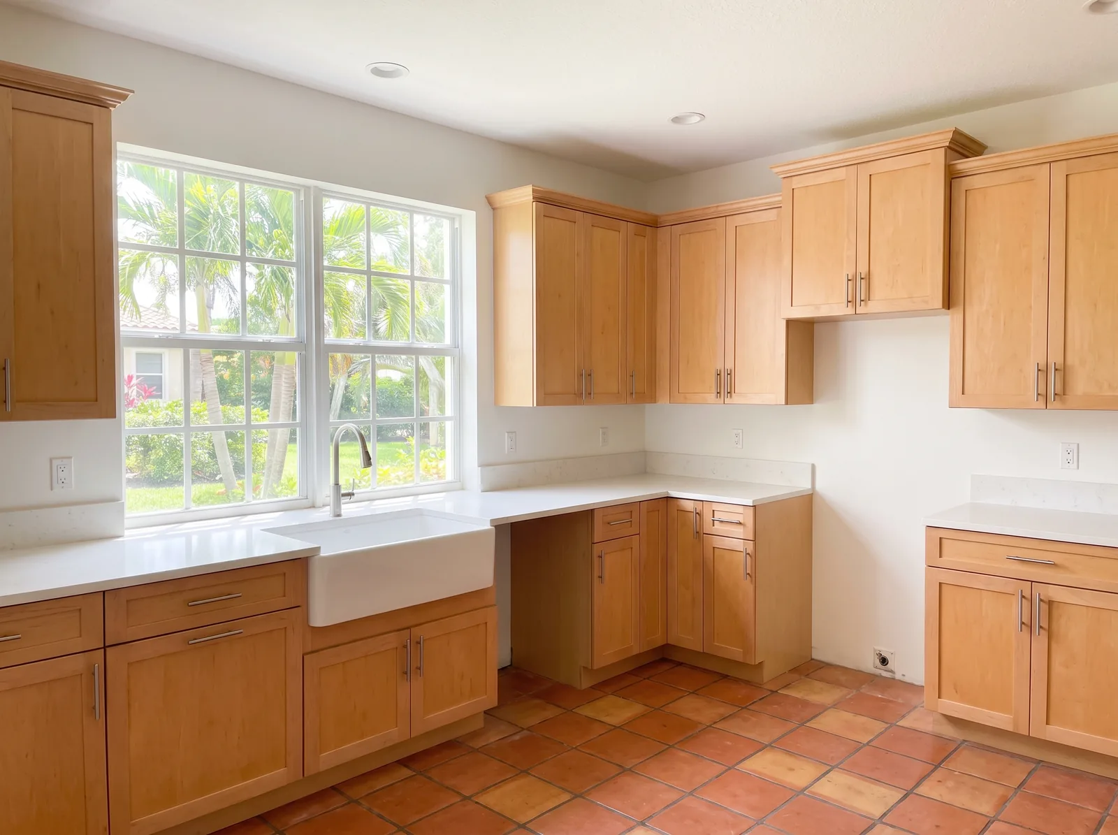 Empty kitchen in a Florida home with clean bare countertops and tile floor