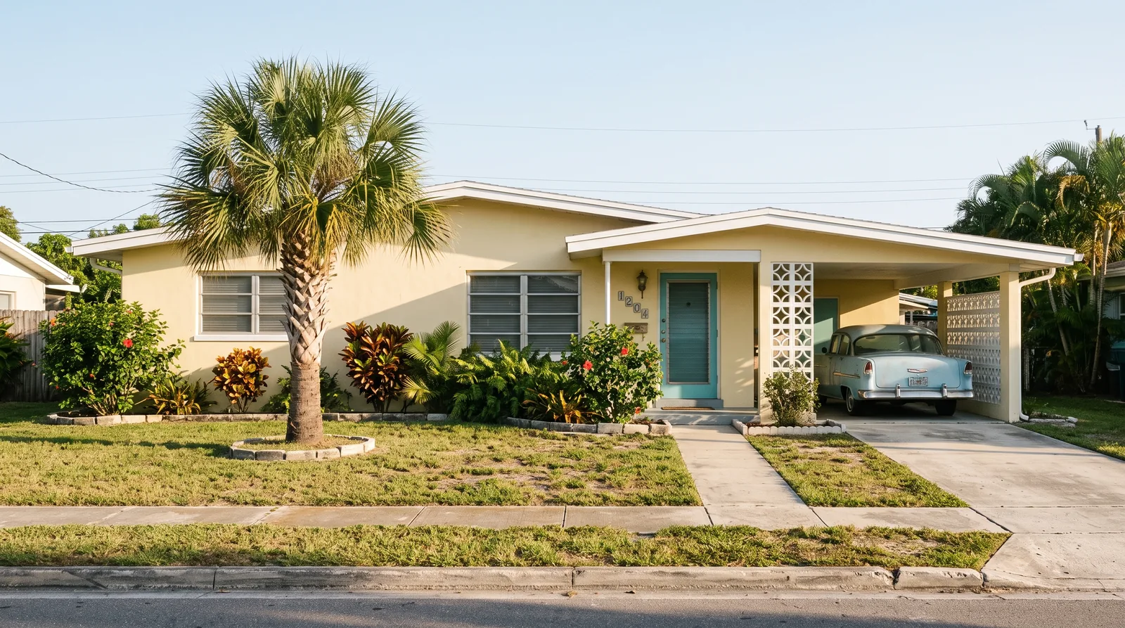 Mid-century Florida bungalow with carport and palm in the front yard