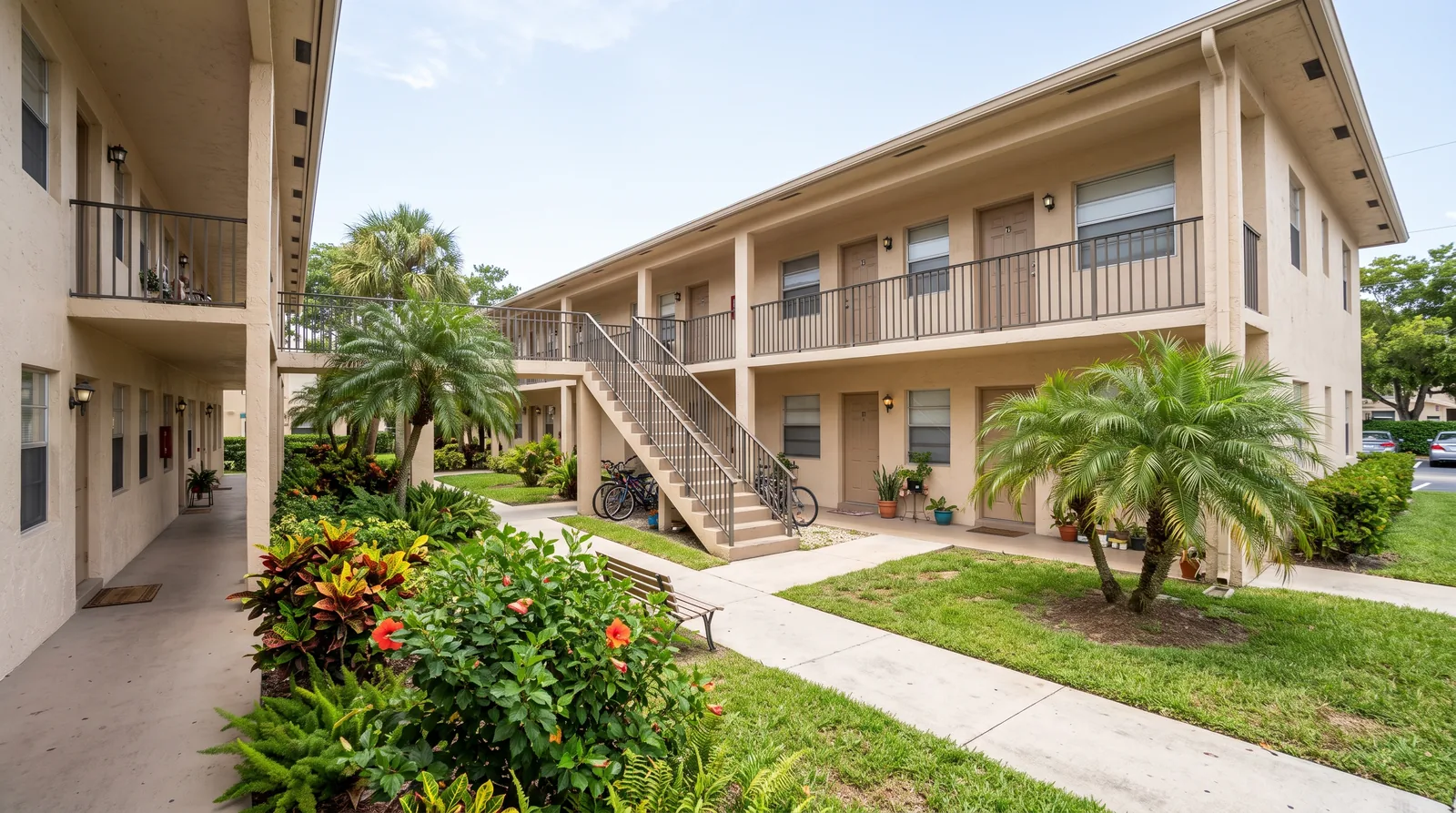 Two story Florida apartment building with exterior walkways in the Pinellas Park area of Pinellas County