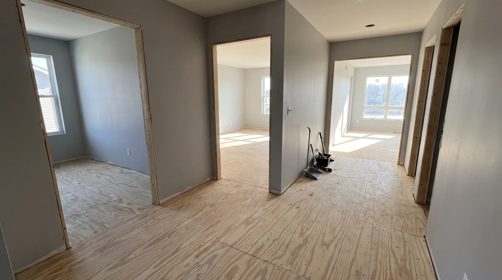 Residential hallway with newly installed clean subfloor and bare painted walls