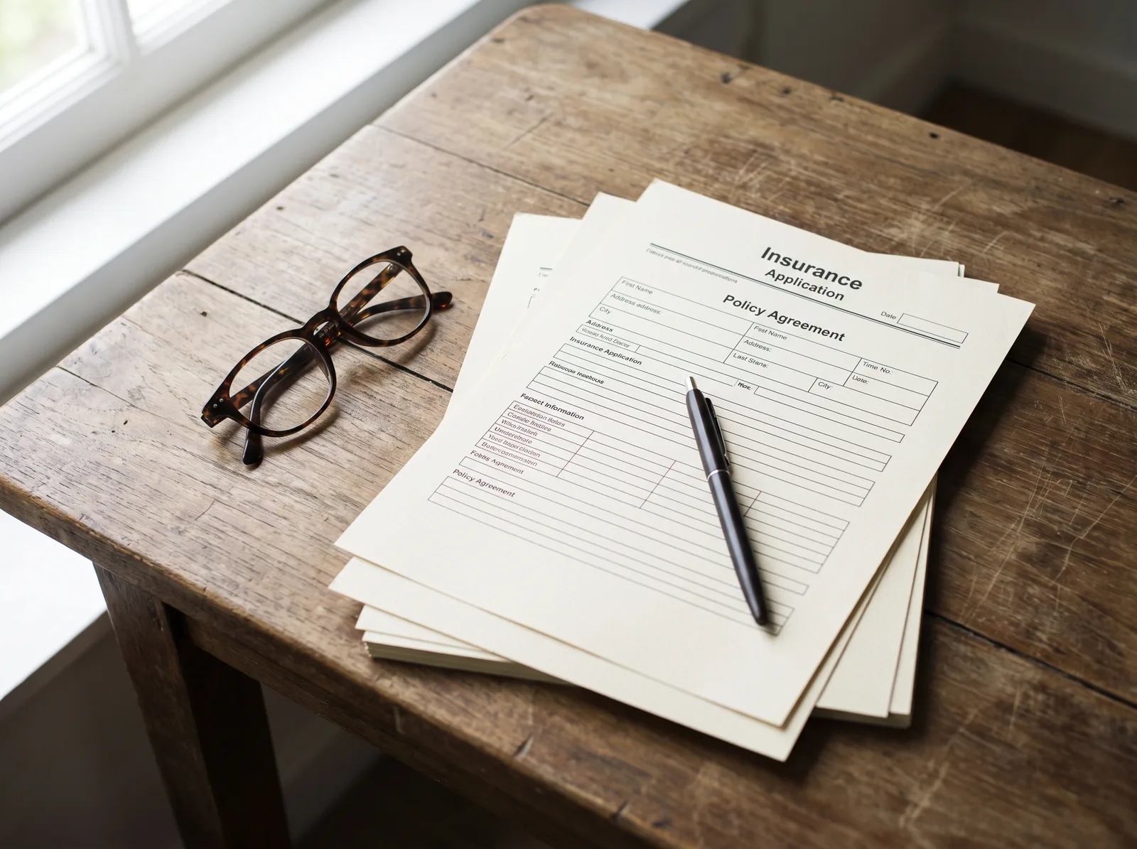 Blank insurance paperwork and a pen on a wooden table in soft daylight