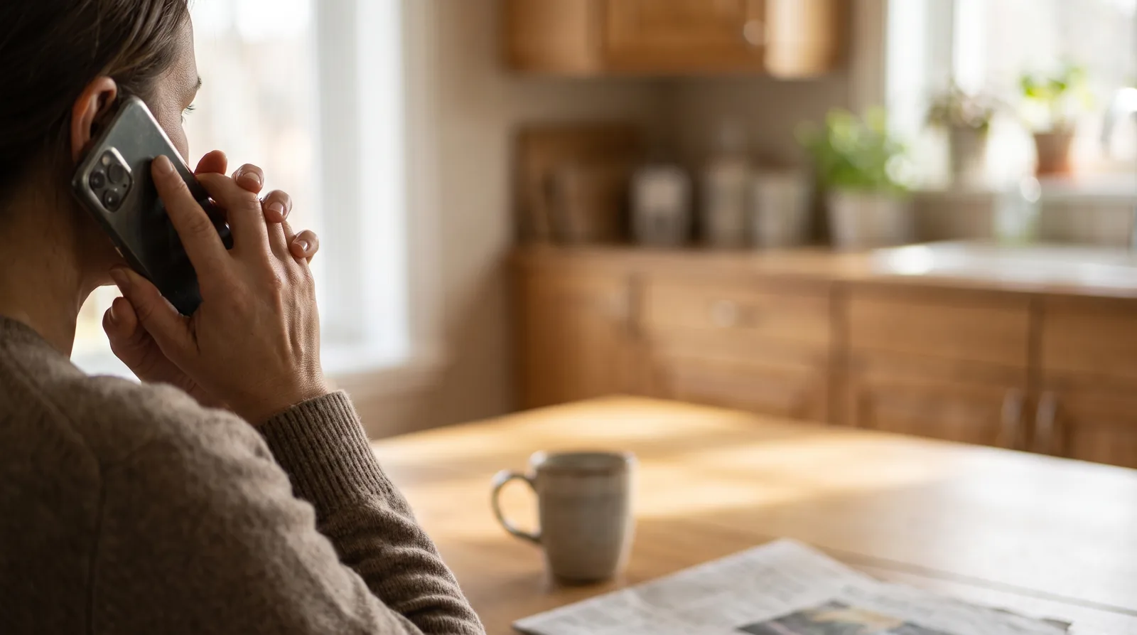 Hands holding a mobile phone at a kitchen table in soft morning light