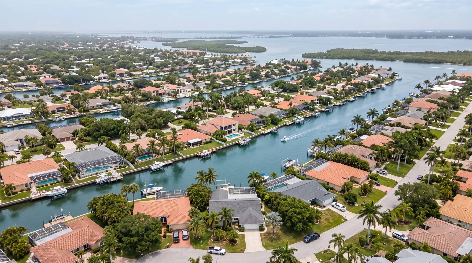 Elevated view of a Pinellas County coastal neighborhood with canals, boats and palms