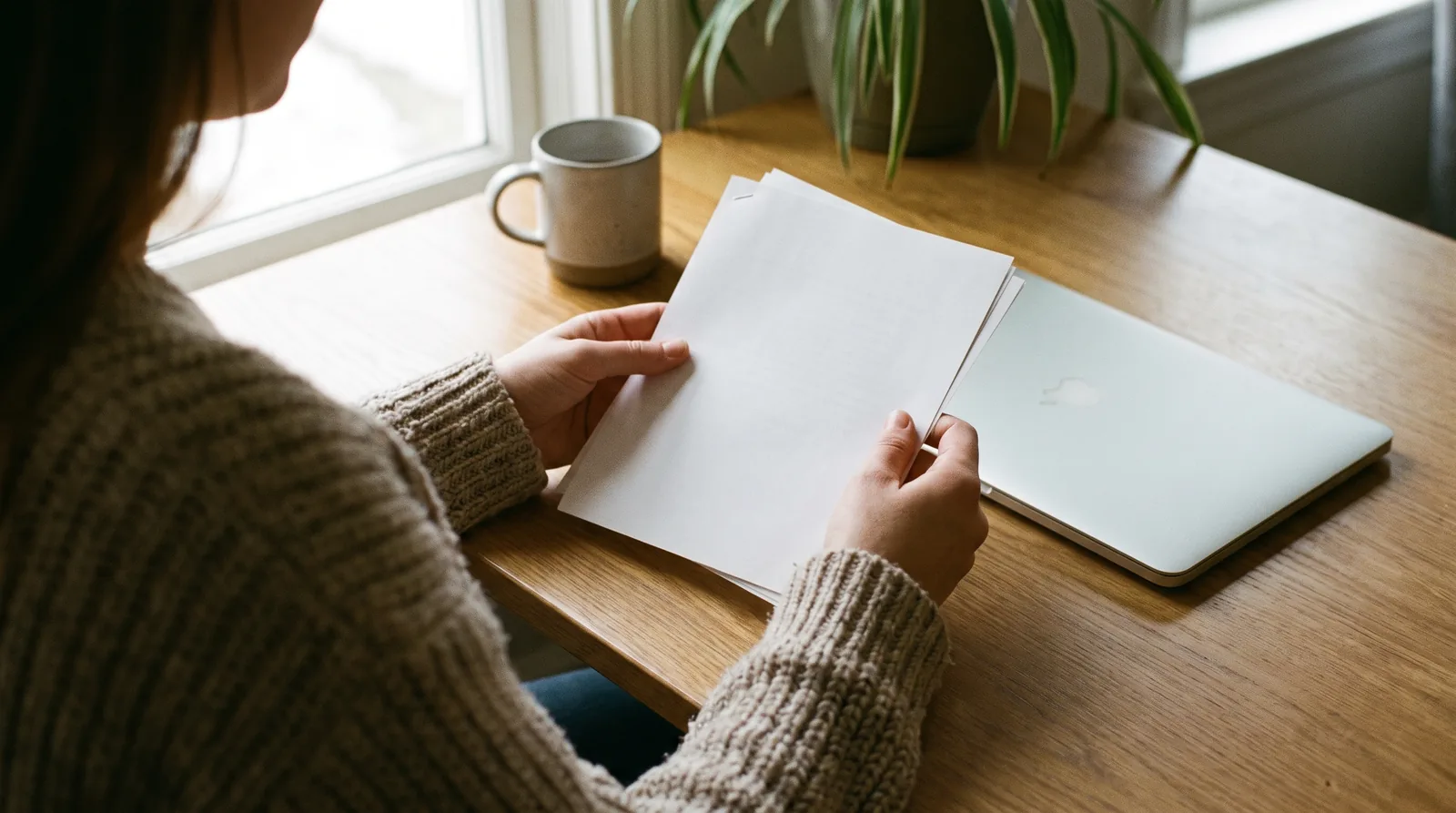 Person at a desk reviewing documents in calm daylight, seen over the shoulder