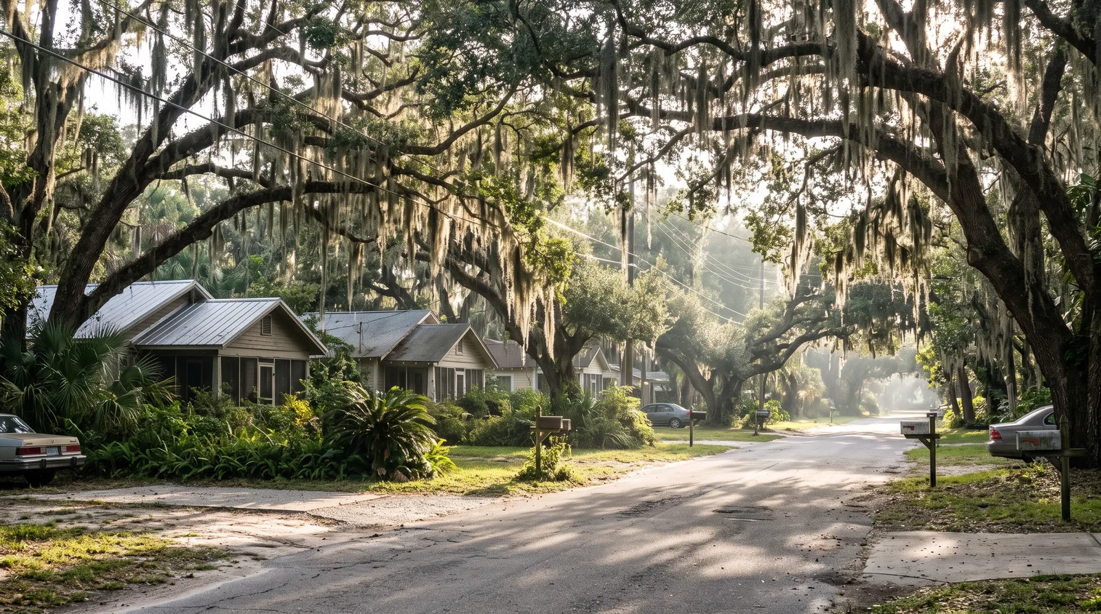 Residential street lined with large live oaks draped in Spanish moss in the Dunedin area of Pinellas County