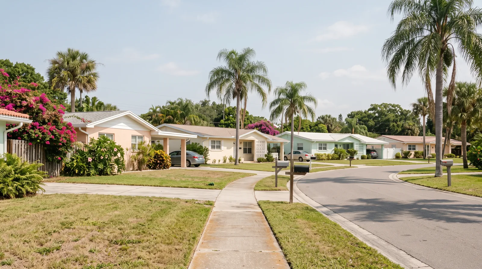 Quiet residential street of single story homes and palms in St. Petersburg, Florida