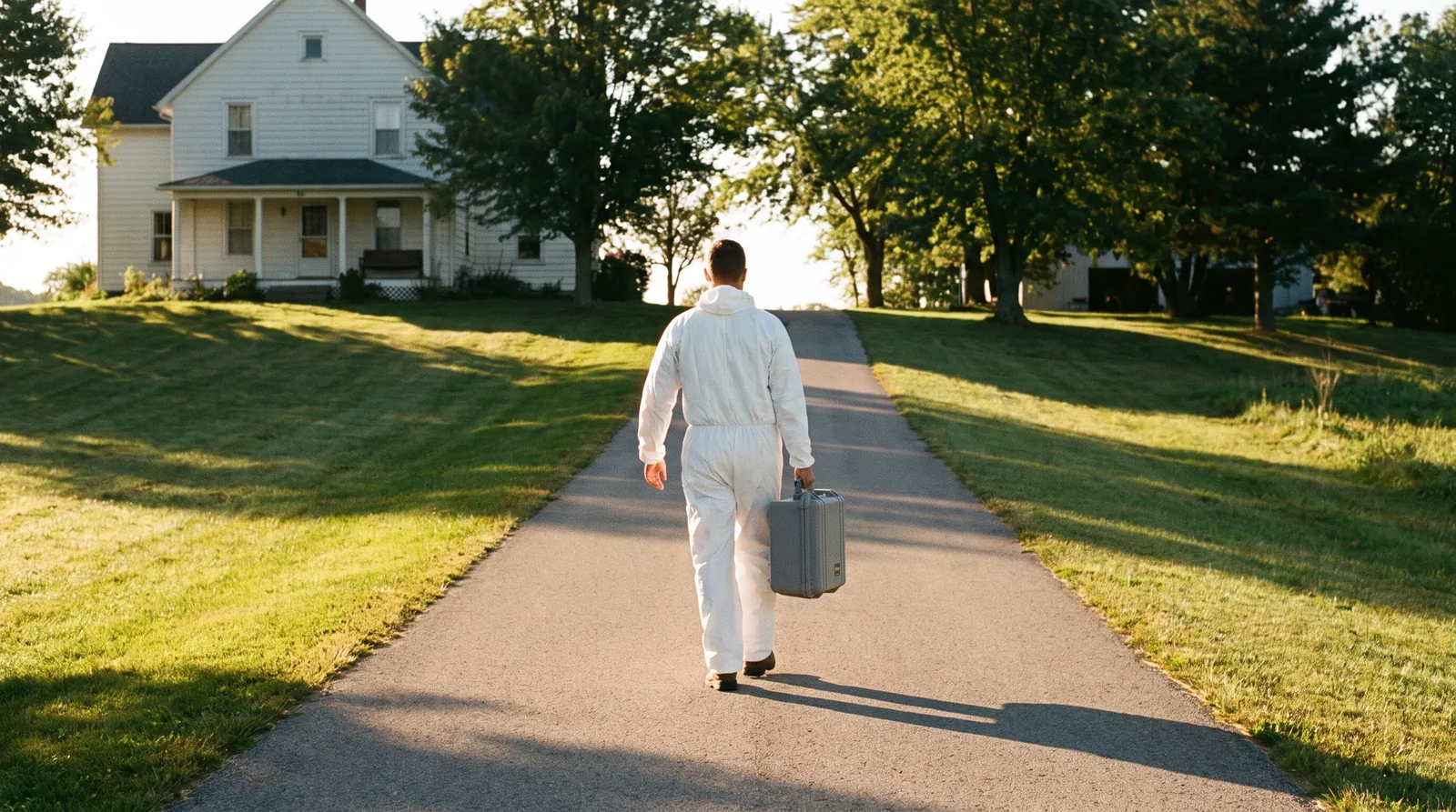 Technician in clean protective coveralls carrying a sealed equipment case up a driveway