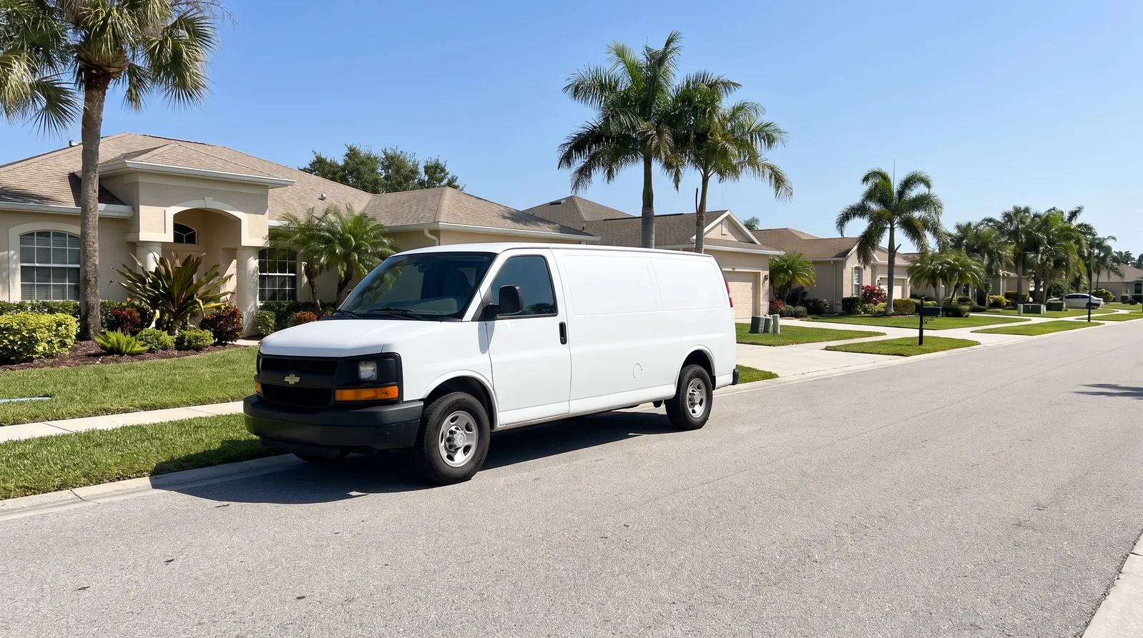 Plain unmarked white cargo van parked on a quiet Florida residential street