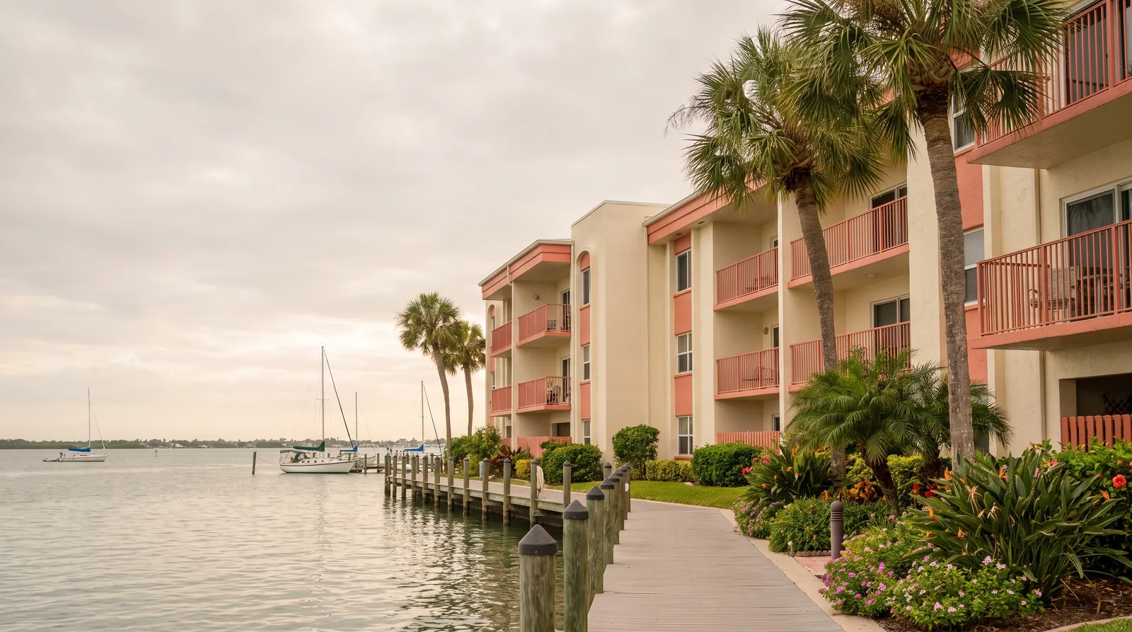 Low rise waterfront condominium building in coastal Florida with balconies and palms